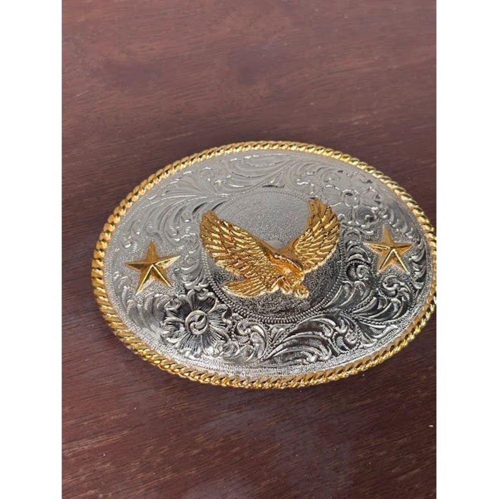 Nocona Western Belt Buckle Silver Gold Two Tone Eagle Star Floral Engraved Oval